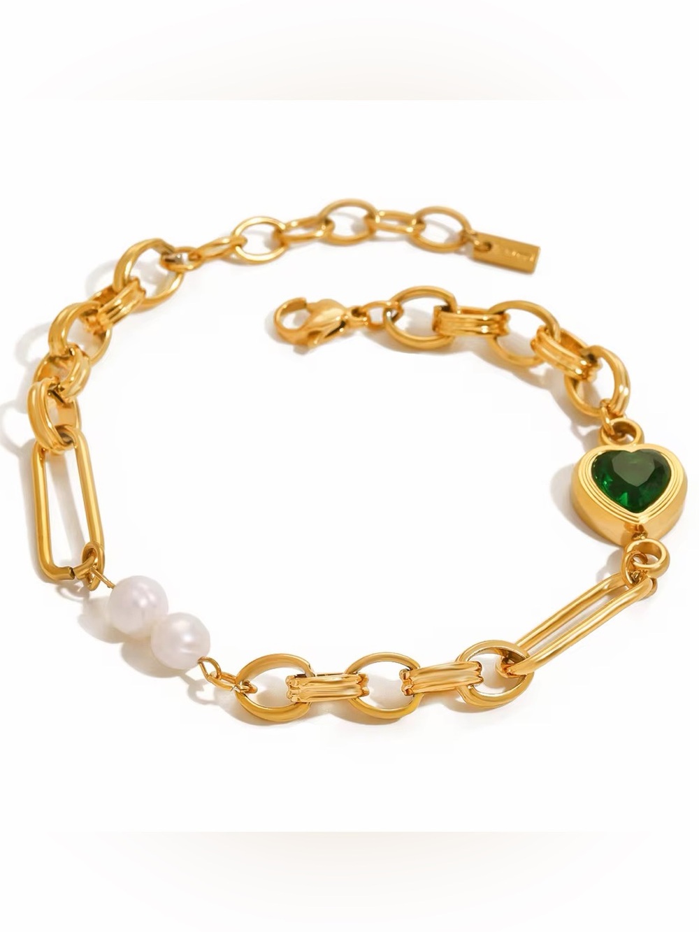 18K Gold Plated Emerald Green Heart & Faux Pearl Bracelet